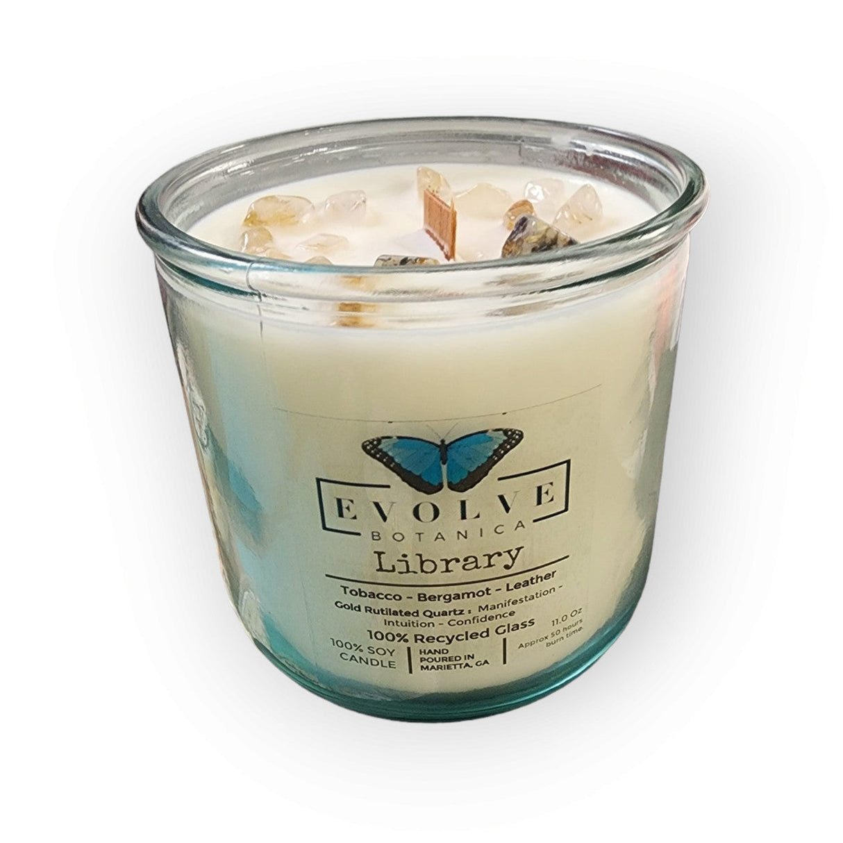 Rocks Candle - Library (Wood Wick Gold Rutilated Quartz Gemstone Soy Candle) from Evolve Botanica