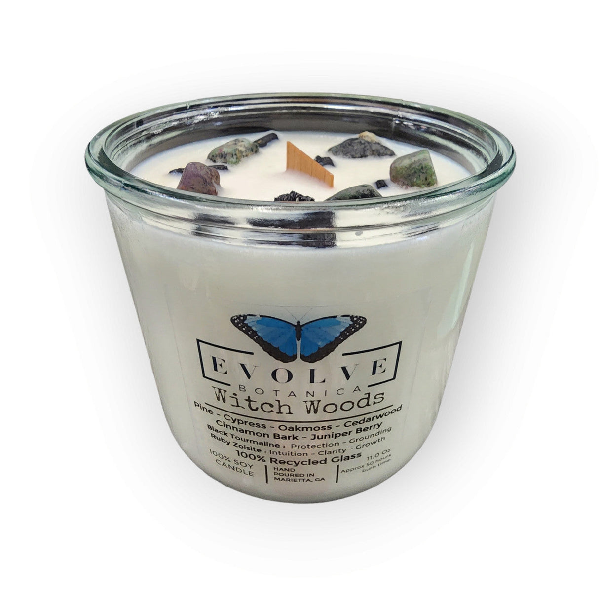 Rocks Candle - Witch Woods (Wood Wick Tourmaline & Zoisite Gemstone Soy Candle) from Evolve Botanica