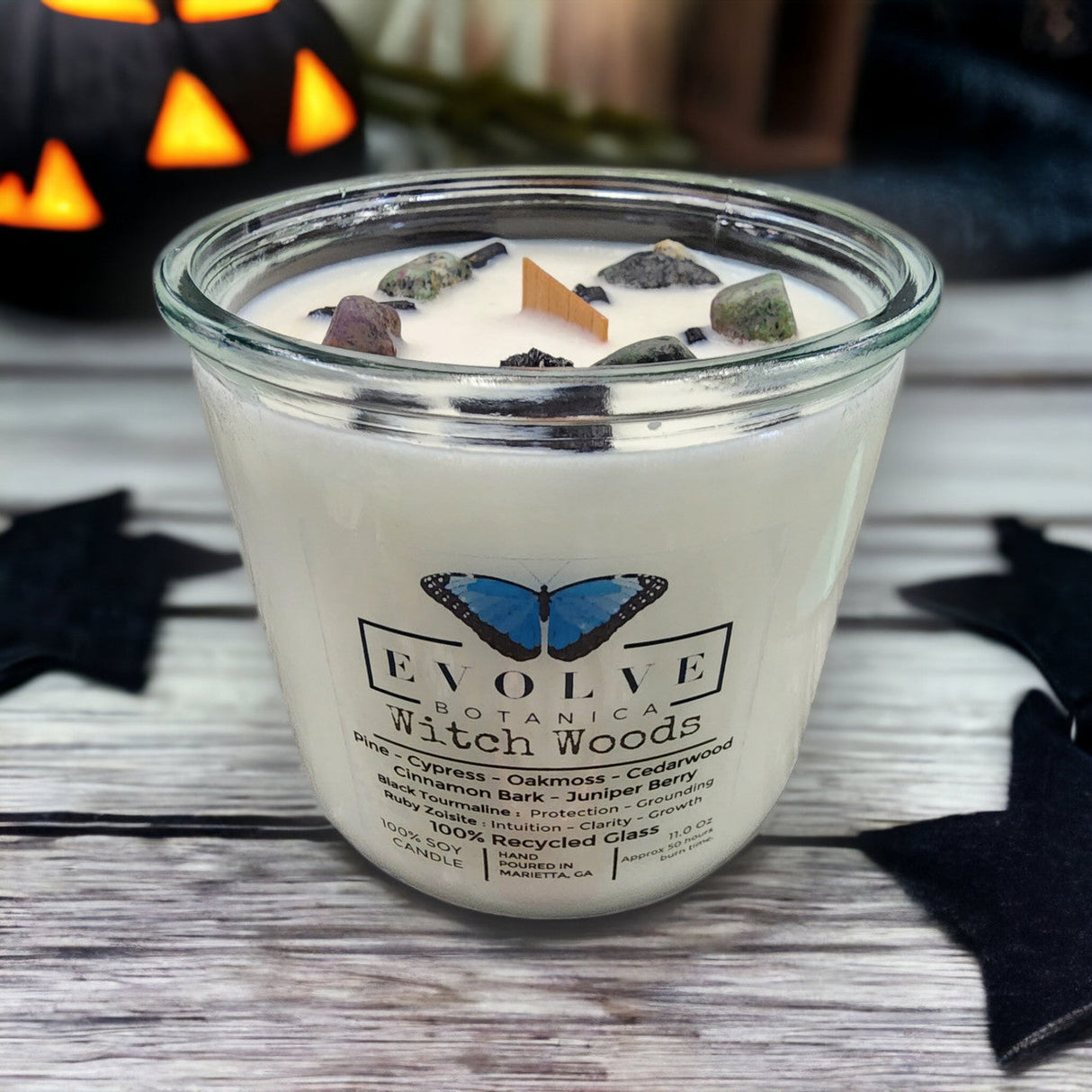 Rocks Candle - Witch Woods (Wood Wick Tourmaline & Zoisite Gemstone Soy Candle) from Evolve Botanica