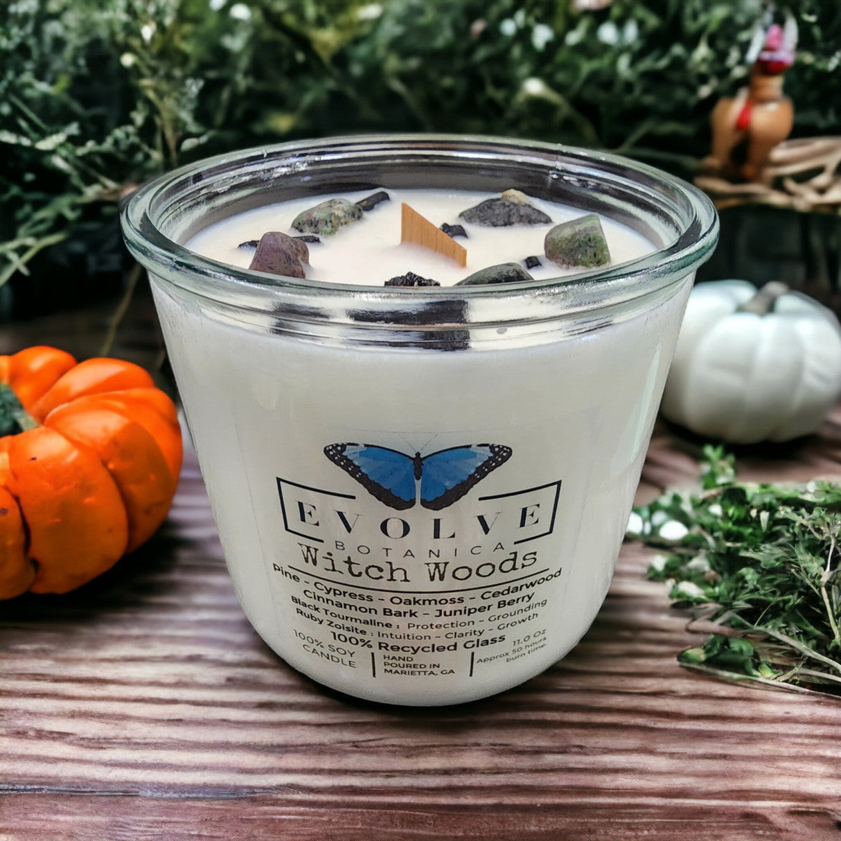 Rocks Candle - Witch Woods (Wood Wick Tourmaline & Zoisite Gemstone Soy Candle) from Evolve Botanica