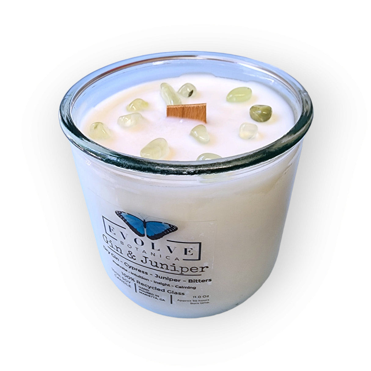 Rocks Candle - Gin & Juniper (Wood Wick Prehnite Gemstone Soy Candle) from Evolve Botanica