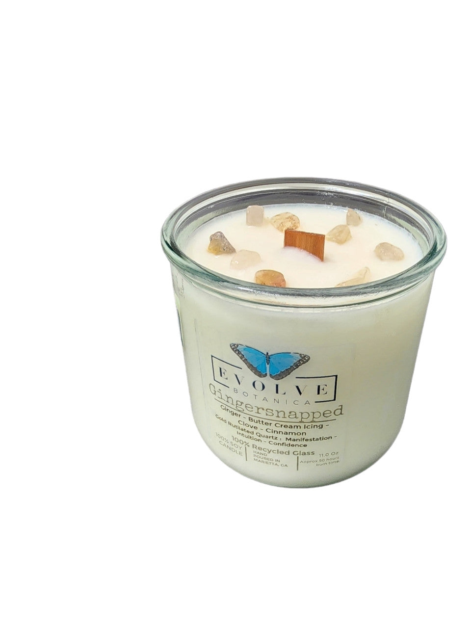 Rocks Candle - Gingersnapped (Wood Wick Gold Rutilated Quartz Gemstone Soy Candle) from Evolve Botanica