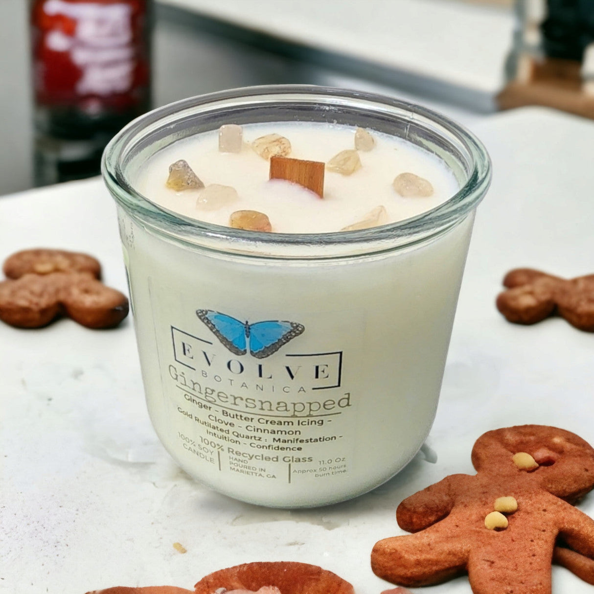 Rocks Candle - Gingersnapped (Wood Wick Gold Rutilated Quartz Gemstone Soy Candle) from Evolve Botanica