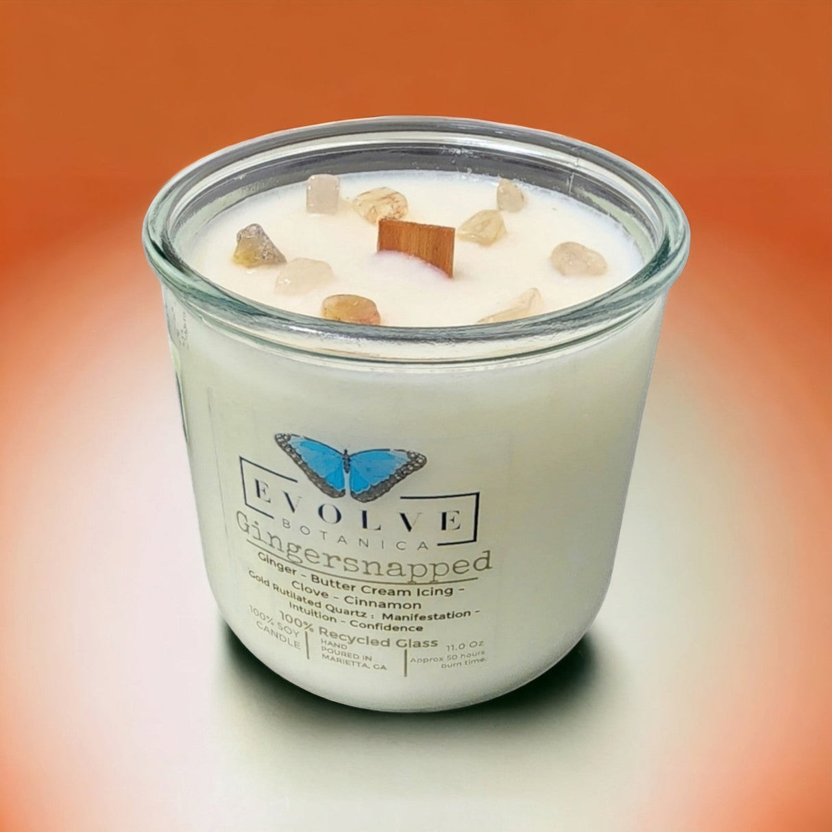 Rocks Candle - Gingersnapped (Wood Wick Gold Rutilated Quartz Gemstone Soy Candle) from Evolve Botanica