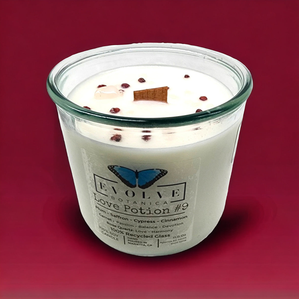 Rocks Candle - Love Potion #9 (Wood Wick Garnet & Rose Quartz Gemstone Soy Candle) from Evolve Botanica