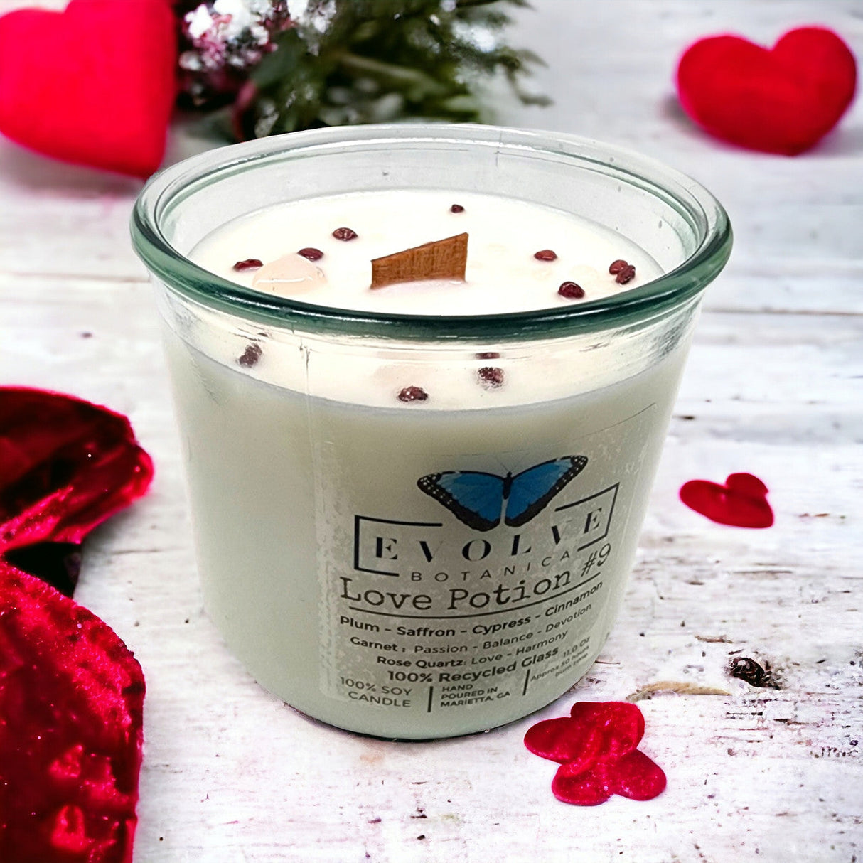 Rocks Candle - Love Potion #9 (Wood Wick Garnet & Rose Quartz Gemstone Soy Candle) from Evolve Botanica