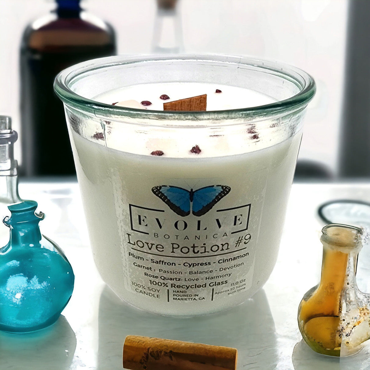 Rocks Candle - Love Potion #9 (Wood Wick Garnet & Rose Quartz Gemstone Soy Candle) from Evolve Botanica