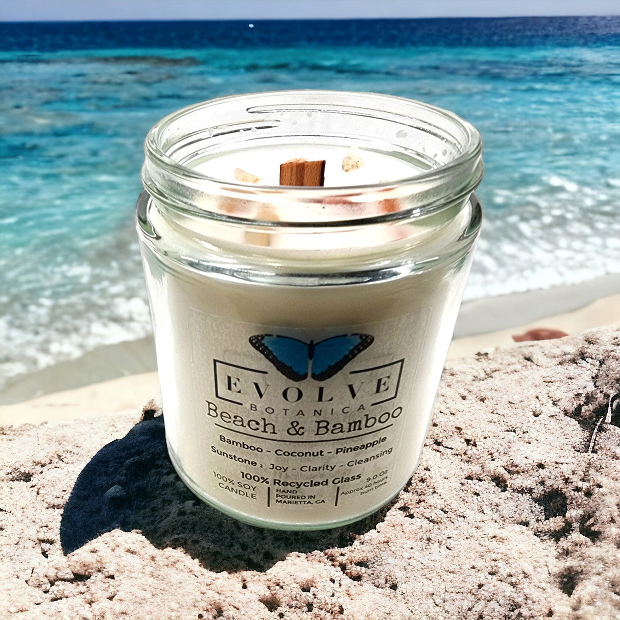 Classic 9oz Jam Jar Crystal Soy Candle - Beach & Bamboo (Sunstone) from Evolve Botanica