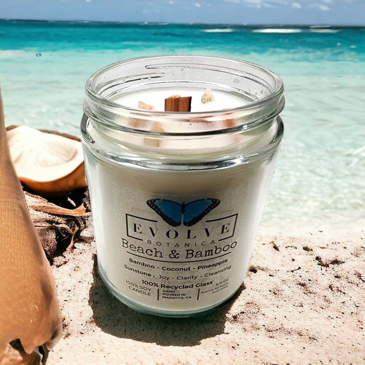 Classic 9oz Jam Jar Crystal Soy Candle - Beach & Bamboo (Sunstone) from Evolve Botanica