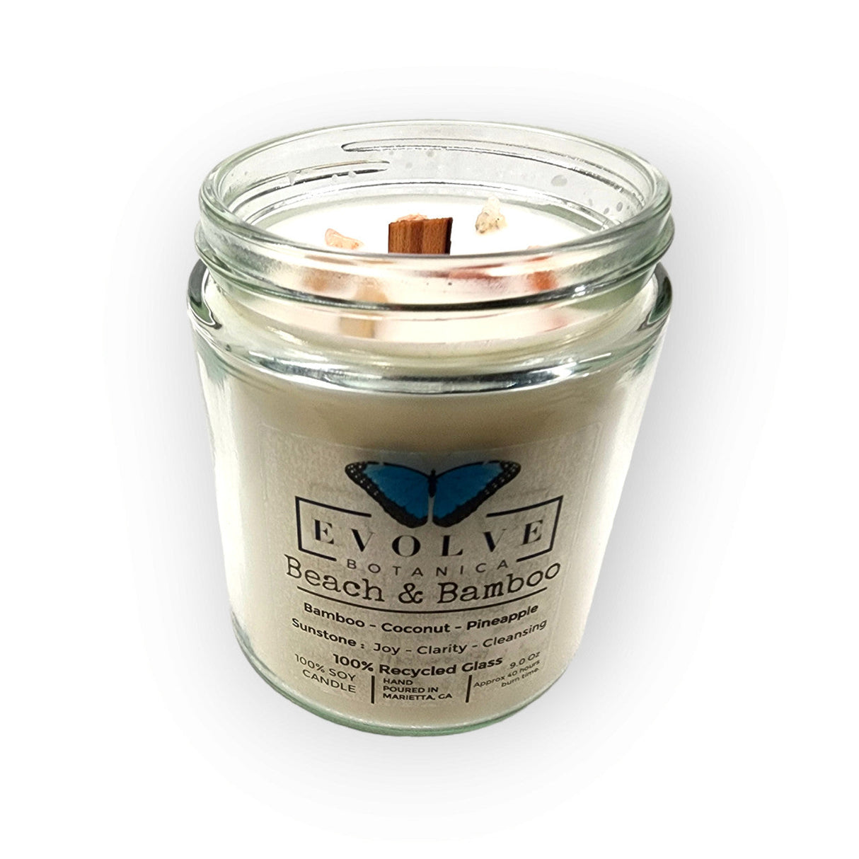 Classic 9oz Jam Jar Crystal Soy Candle - Beach & Bamboo (Sunstone) from Evolve Botanica