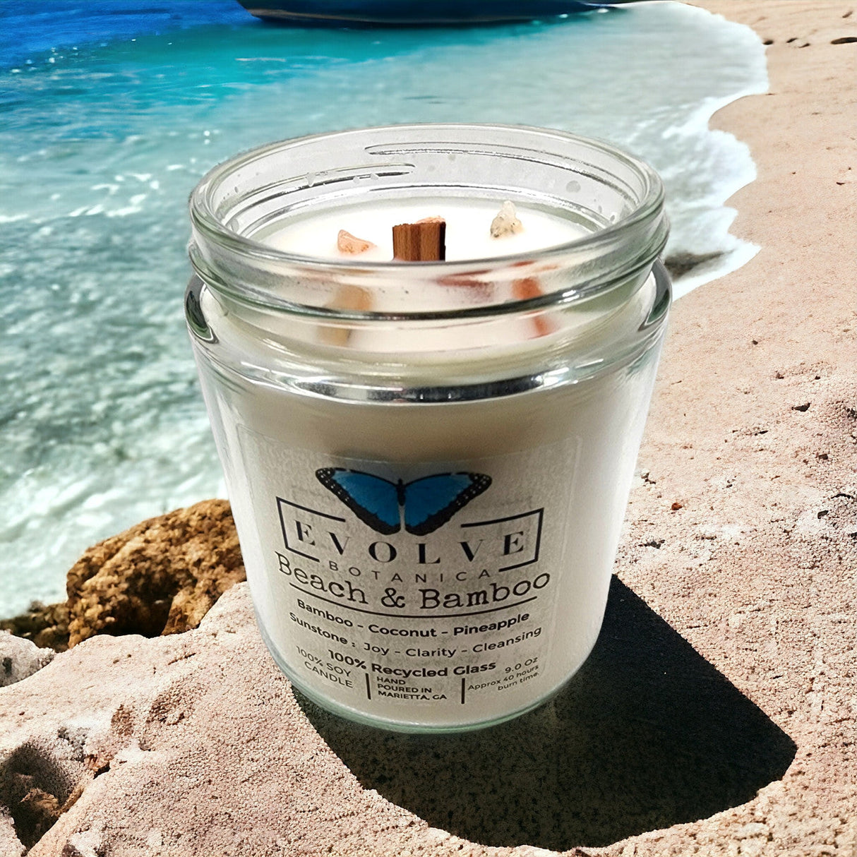 Classic 9oz Jam Jar Crystal Soy Candle - Beach & Bamboo (Sunstone) from Evolve Botanica