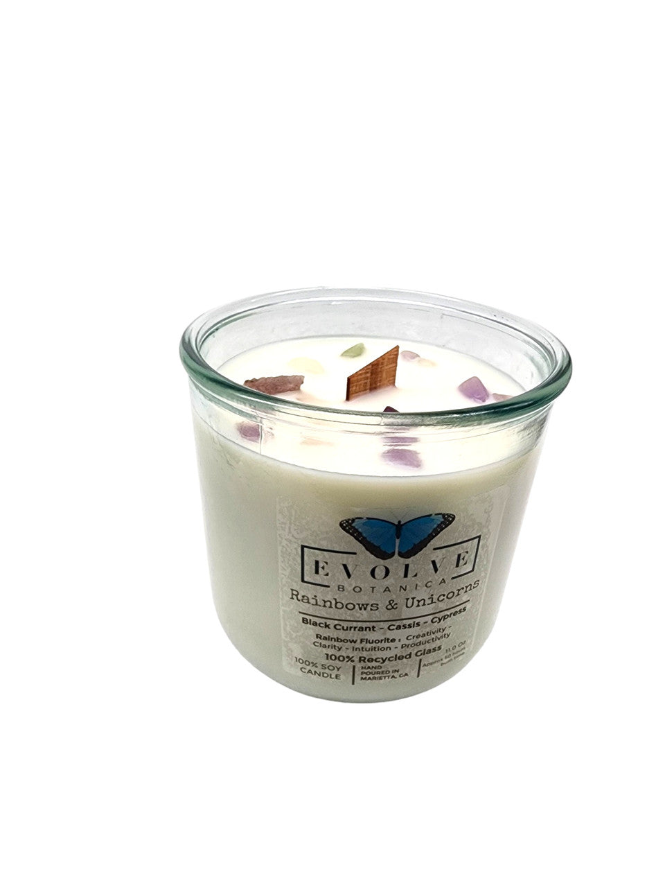 Rocks Candle - Rainbows & Unicorns (Wood Wick Rainbow Fluorite Gemstone Soy Candle) from Evolve Botanica