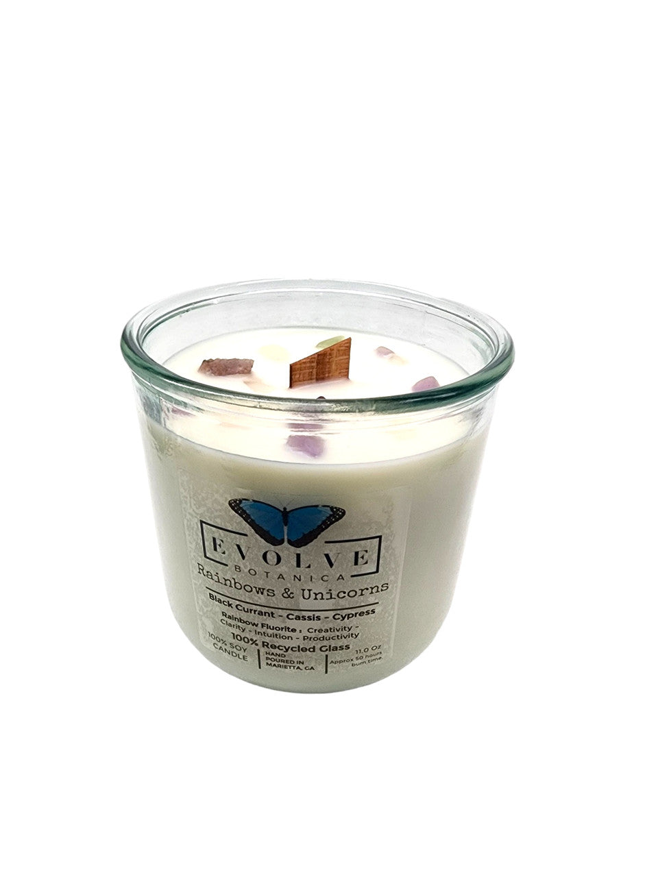 Rocks Candle - Rainbows & Unicorns (Wood Wick Rainbow Fluorite Gemstone Soy Candle) from Evolve Botanica