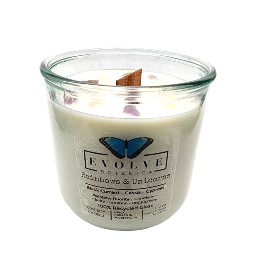 Rocks Candle - Rainbows & Unicorns (Wood Wick Rainbow Fluorite Gemstone Soy Candle) from Evolve Botanica