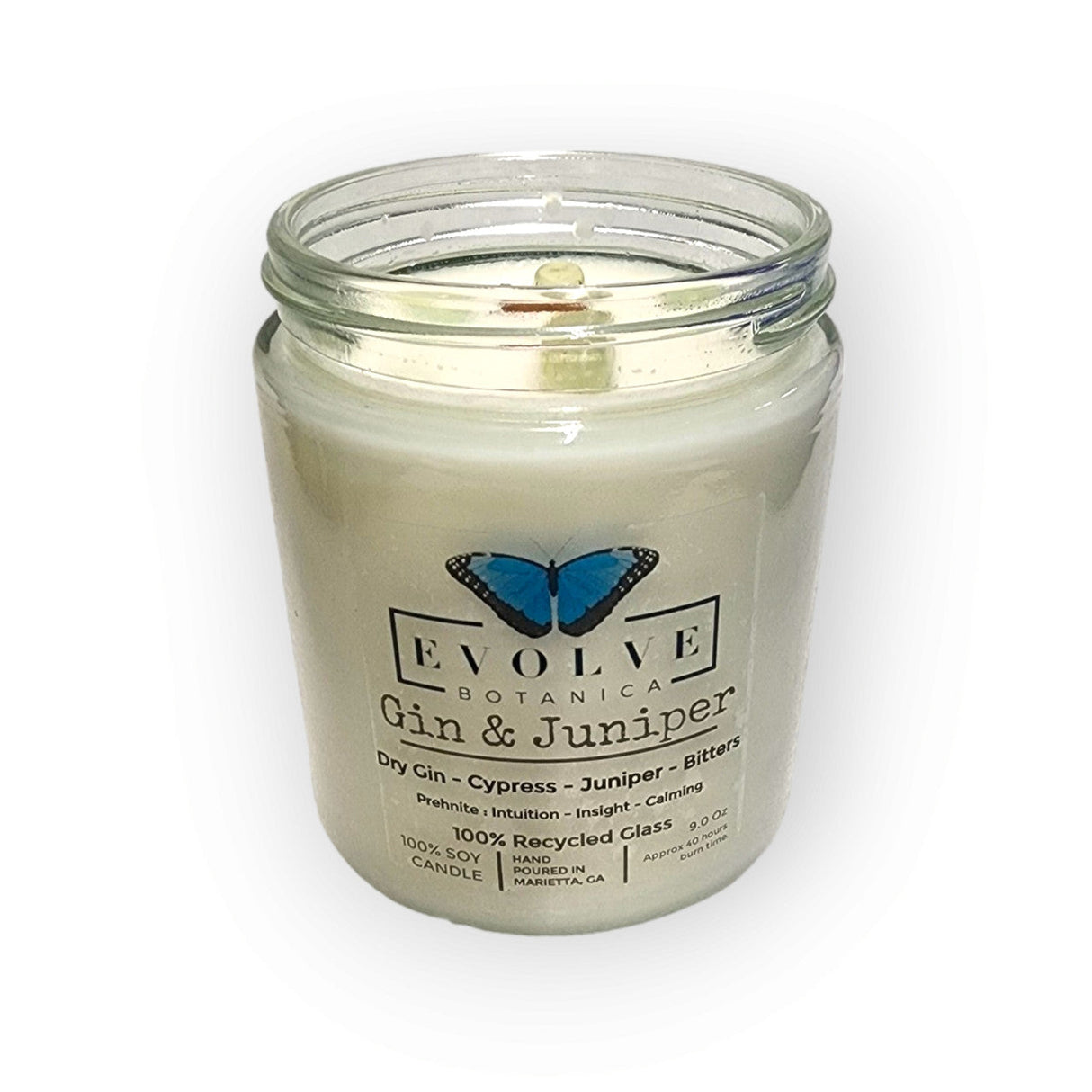 Classic 9oz Jam Jar Crystal Soy Candle - Gin & Juniper (Prehnite) from Evolve Botanica
