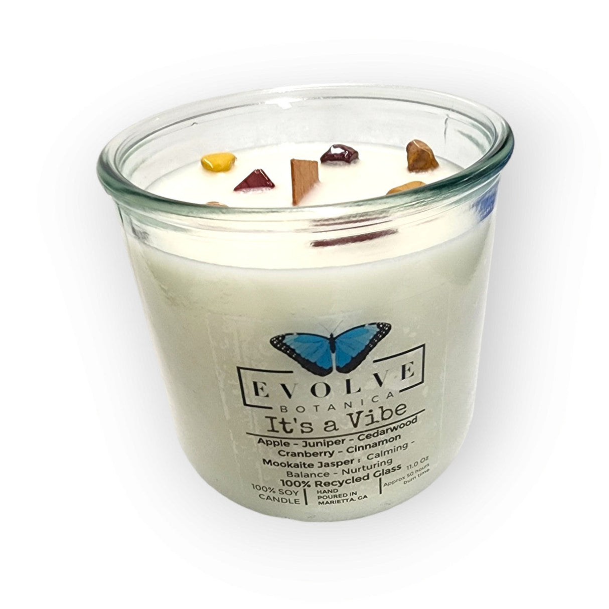 Rocks Candle - It's a Vibe (Wood Wick Mookite Jasper Gemstone Soy Candle) from Evolve Botanica