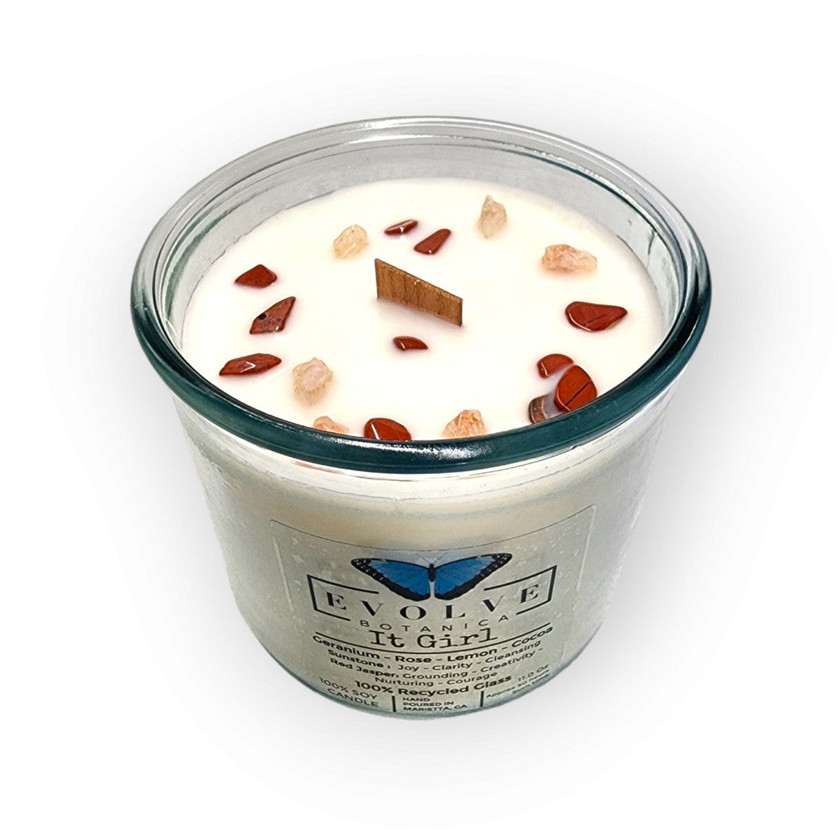 Rocks Candle - It Girl (Wood Wick Sunstone & Red Jasper Gemstone Soy Candle) from Evolve Botanica