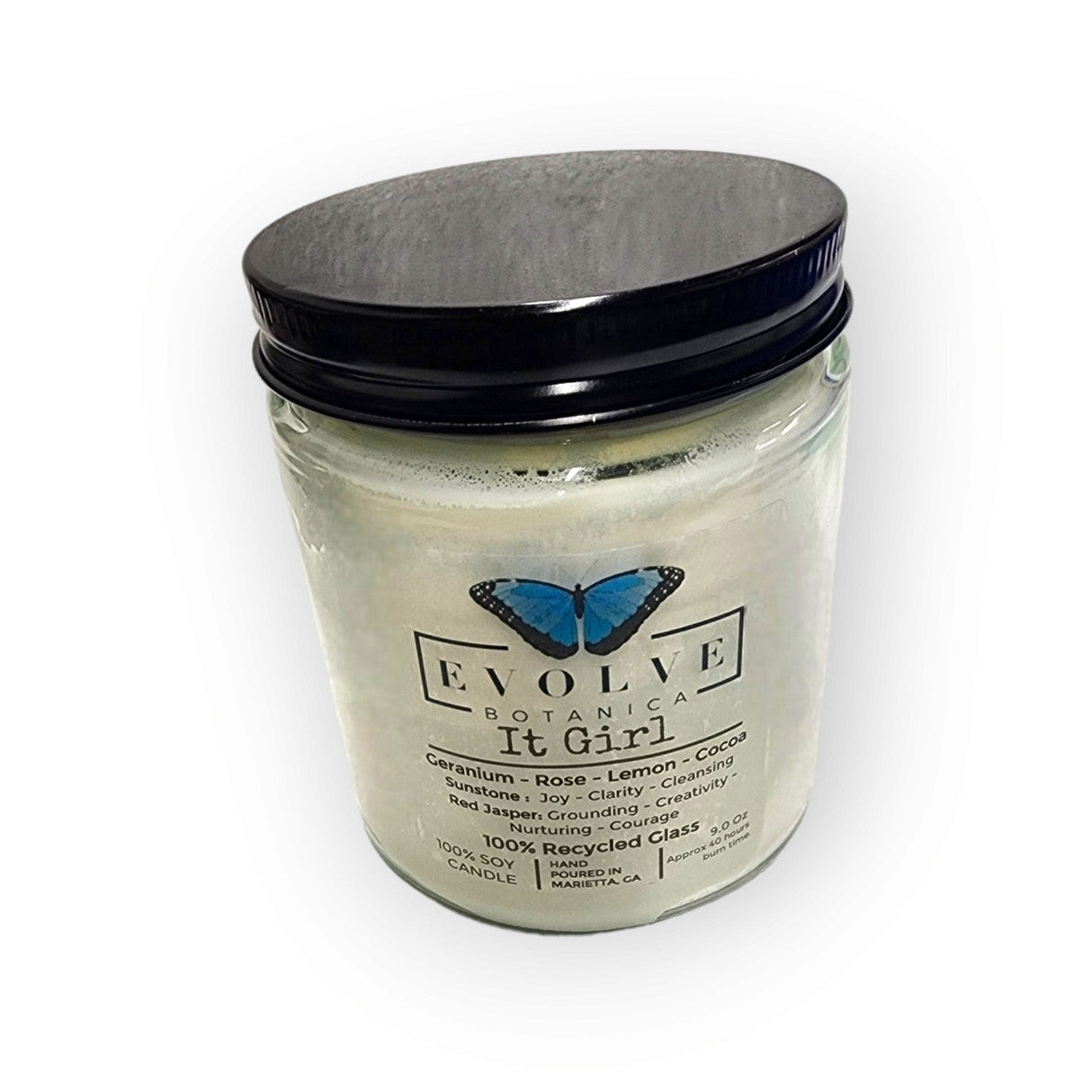 Classic 9oz Jam Jar Crystal Soy Candle - It Girl (Sunstone & Red Jasper) from Evolve Botanica