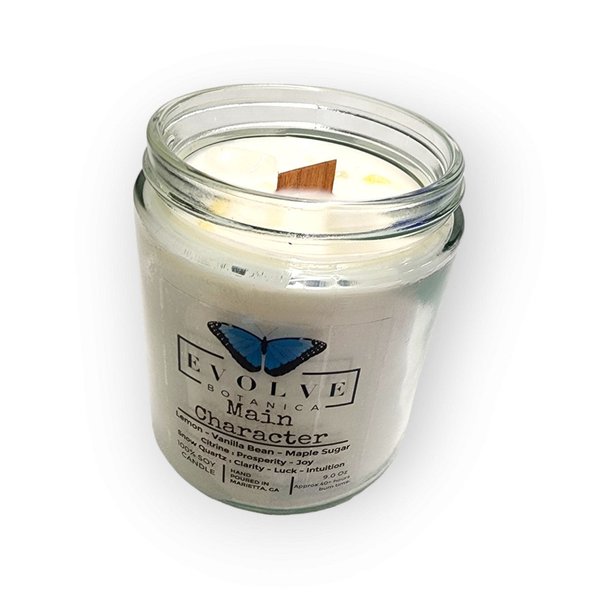 Classic 9oz Jam Jar Crystal Soy Candle - Main Character (Citrine & Snow Quartz) from Evolve Botanica