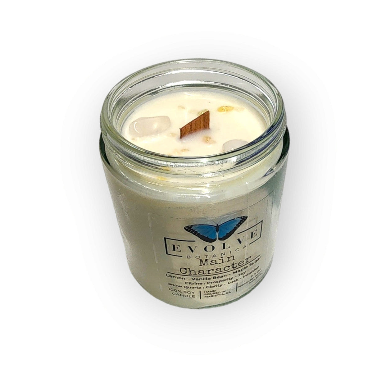 Classic 9oz Jam Jar Crystal Soy Candle - Main Character (Citrine & Snow Quartz) from Evolve Botanica
