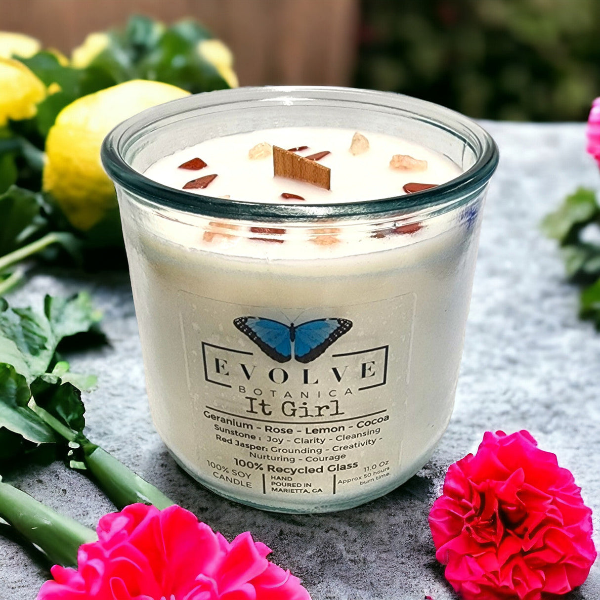 Rocks Candle - It Girl (Wood Wick Sunstone & Red Jasper Gemstone Soy Candle) from Evolve Botanica
