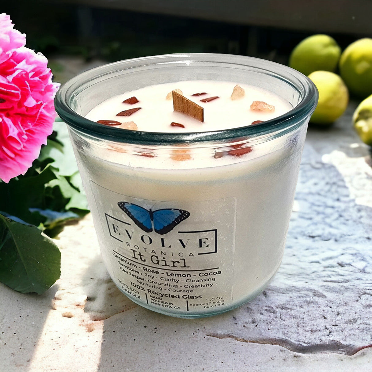 Rocks Candle - It Girl (Wood Wick Sunstone & Red Jasper Gemstone Soy Candle) from Evolve Botanica