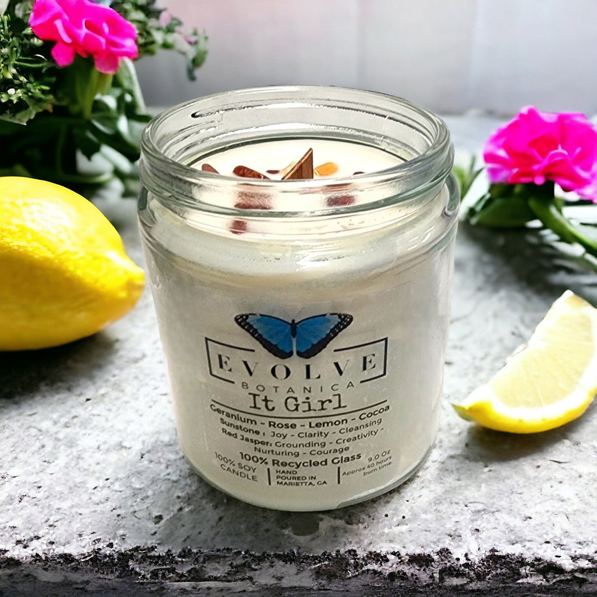 Classic 9oz Jam Jar Crystal Soy Candle - It Girl (Sunstone & Red Jasper) from Evolve Botanica