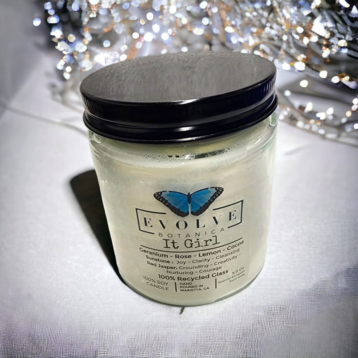 Classic 9oz Jam Jar Crystal Soy Candle - It Girl (Sunstone & Red Jasper) from Evolve Botanica