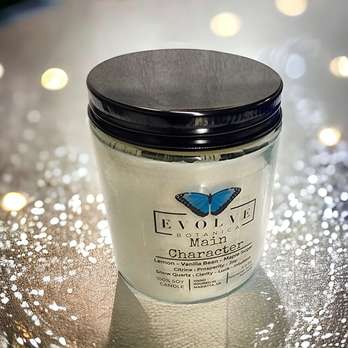 Classic 9oz Jam Jar Crystal Soy Candle - Main Character (Citrine & Snow Quartz) from Evolve Botanica