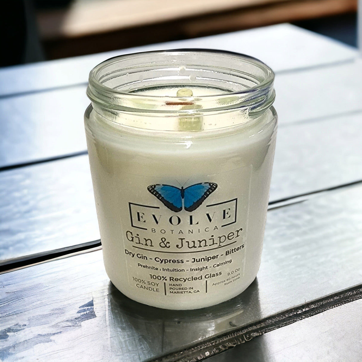 Classic 9oz Jam Jar Crystal Soy Candle - Gin & Juniper (Prehnite) from Evolve Botanica