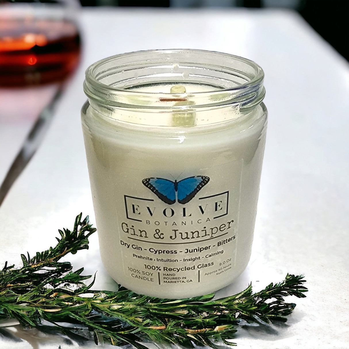 Classic 9oz Jam Jar Crystal Soy Candle - Gin & Juniper (Prehnite) from Evolve Botanica