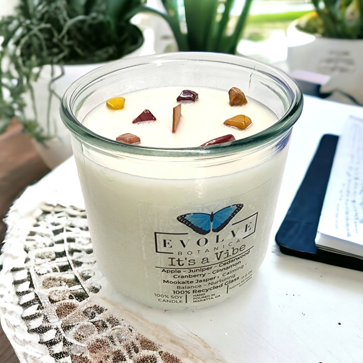 Rocks Candle - It's a Vibe (Wood Wick Mookite Jasper Gemstone Soy Candle) from Evolve Botanica