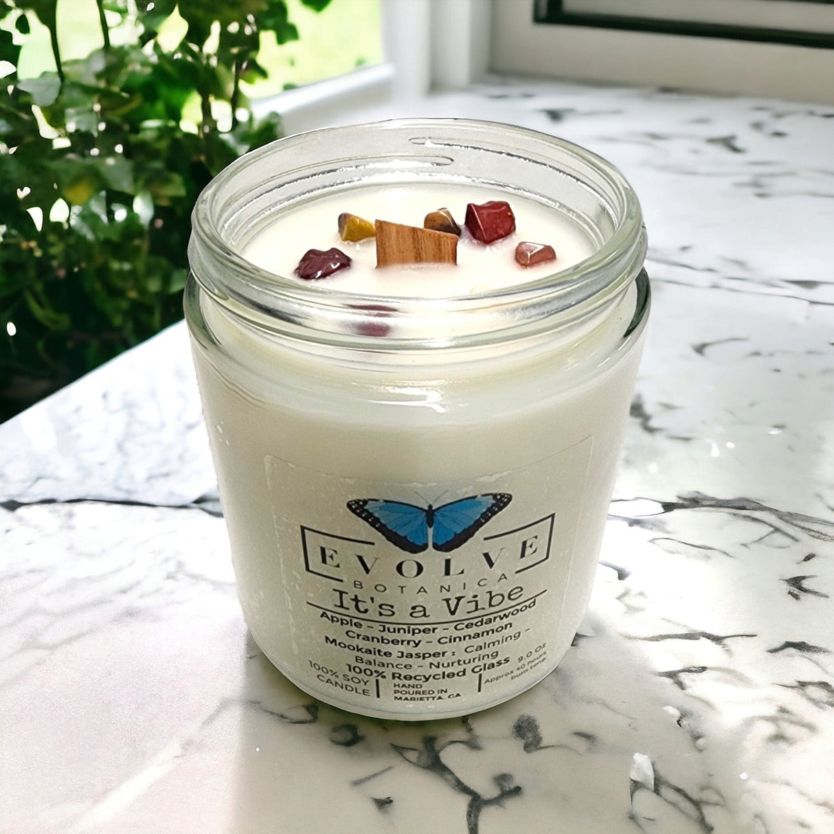 Classic 9oz Jam Jar Crystal Soy Candle - It's a Vibe (Mookite Jasper) from Evolve Botanica