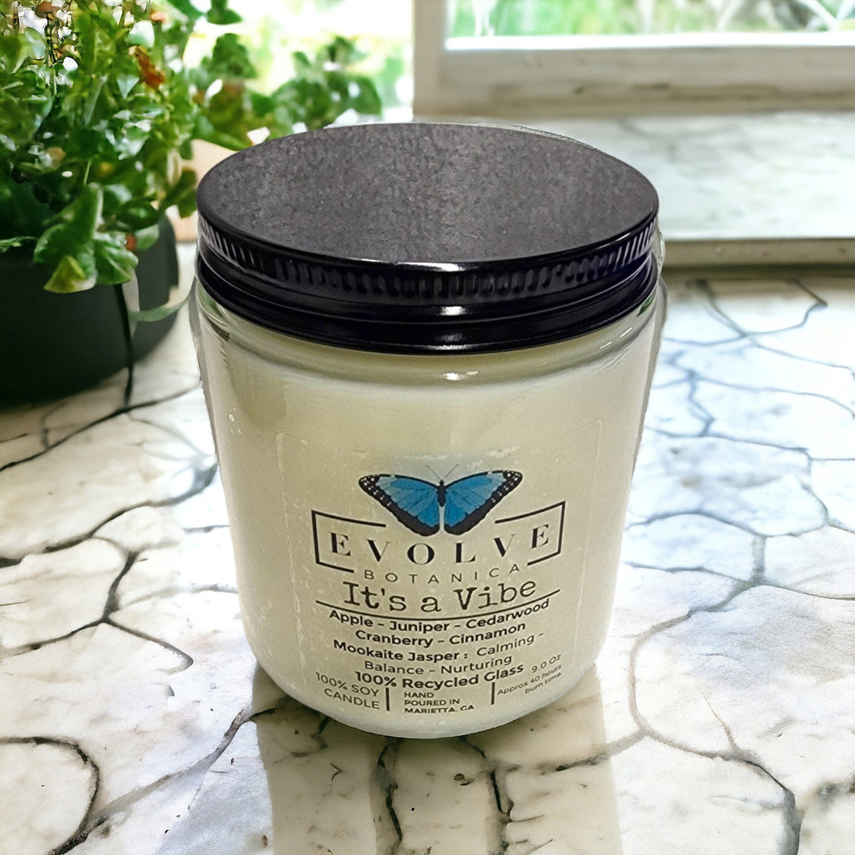 Classic 9oz Jam Jar Crystal Soy Candle - It's a Vibe (Mookite Jasper) from Evolve Botanica