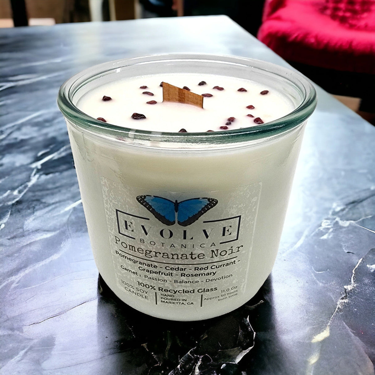 Rocks Candle - Pomegranate Noir (Wood Wick Garnet Gemstone Soy Candle) from Evolve Botanica