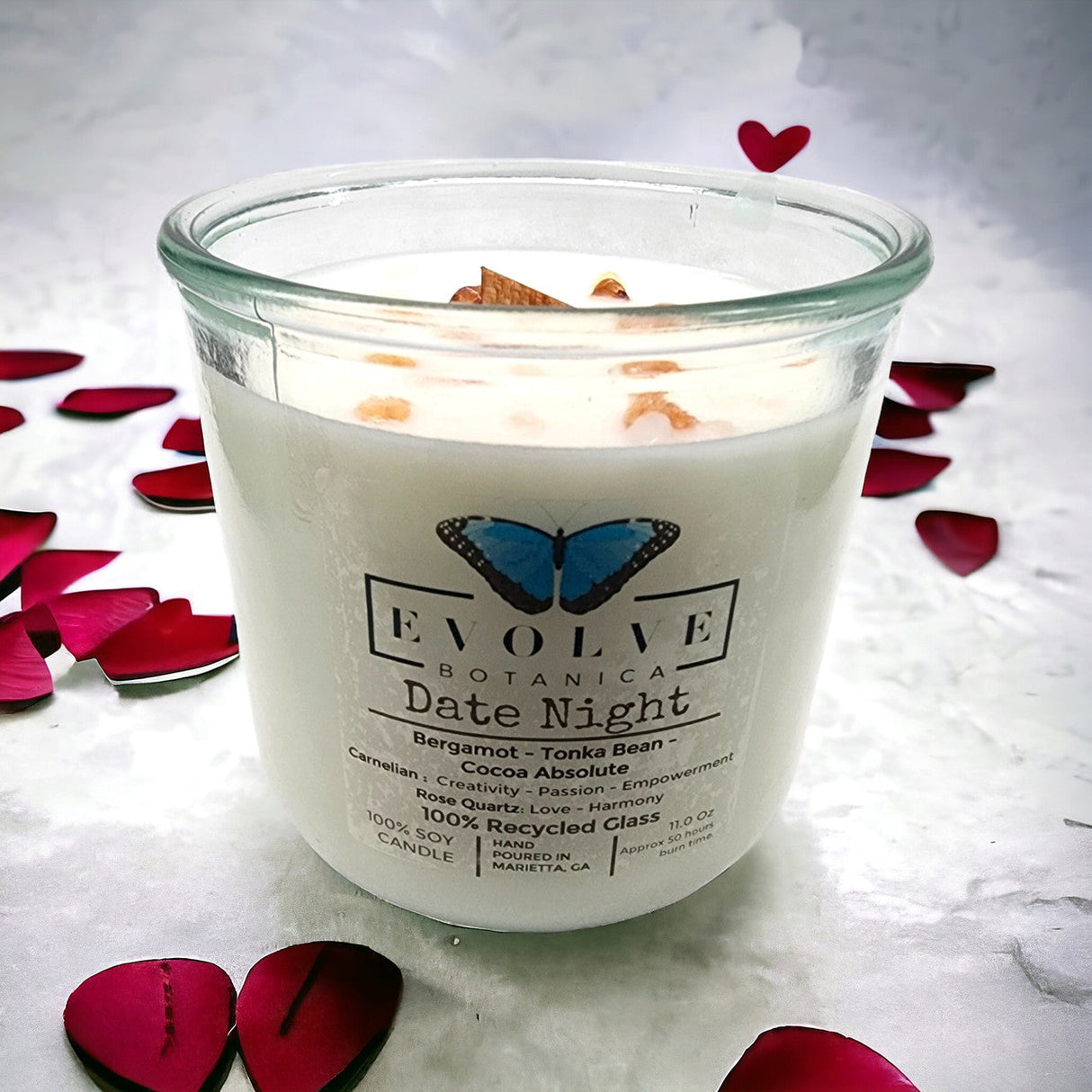 Rocks Candle - Date Night (Wood Wick Rose Quartz & Carnelian Gemstone Soy Candle) from Evolve Botanica