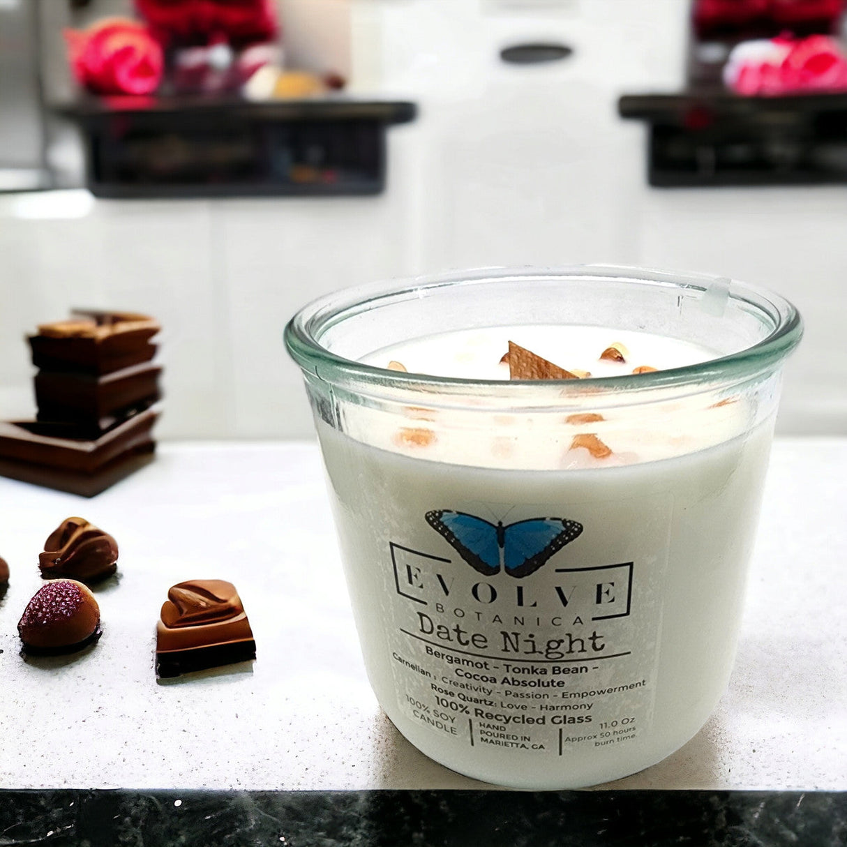 Rocks Candle - Date Night (Wood Wick Rose Quartz & Carnelian Gemstone Soy Candle) from Evolve Botanica