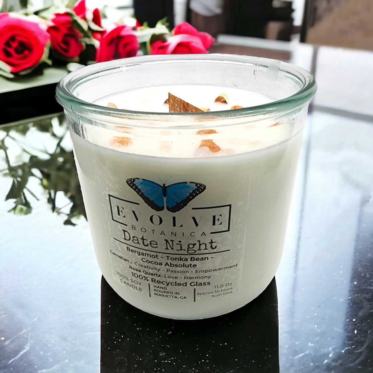 Rocks Candle - Date Night (Wood Wick Rose Quartz & Carnelian Gemstone Soy Candle) from Evolve Botanica