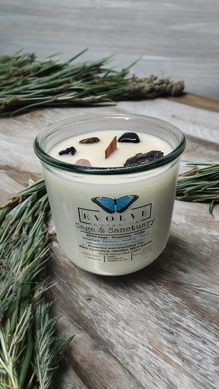 Rocks Candle - Sage & Sanctuary (Black Kyanite, Black Tourmaline, Obsidian, Amethyst, Labradorite) from Evolve Botanica