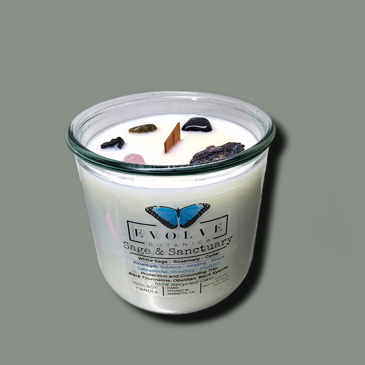 Rocks Candle - Sage & Sanctuary (Black Kyanite, Black Tourmaline, Obsidian, Amethyst, Labradorite) from Evolve Botanica