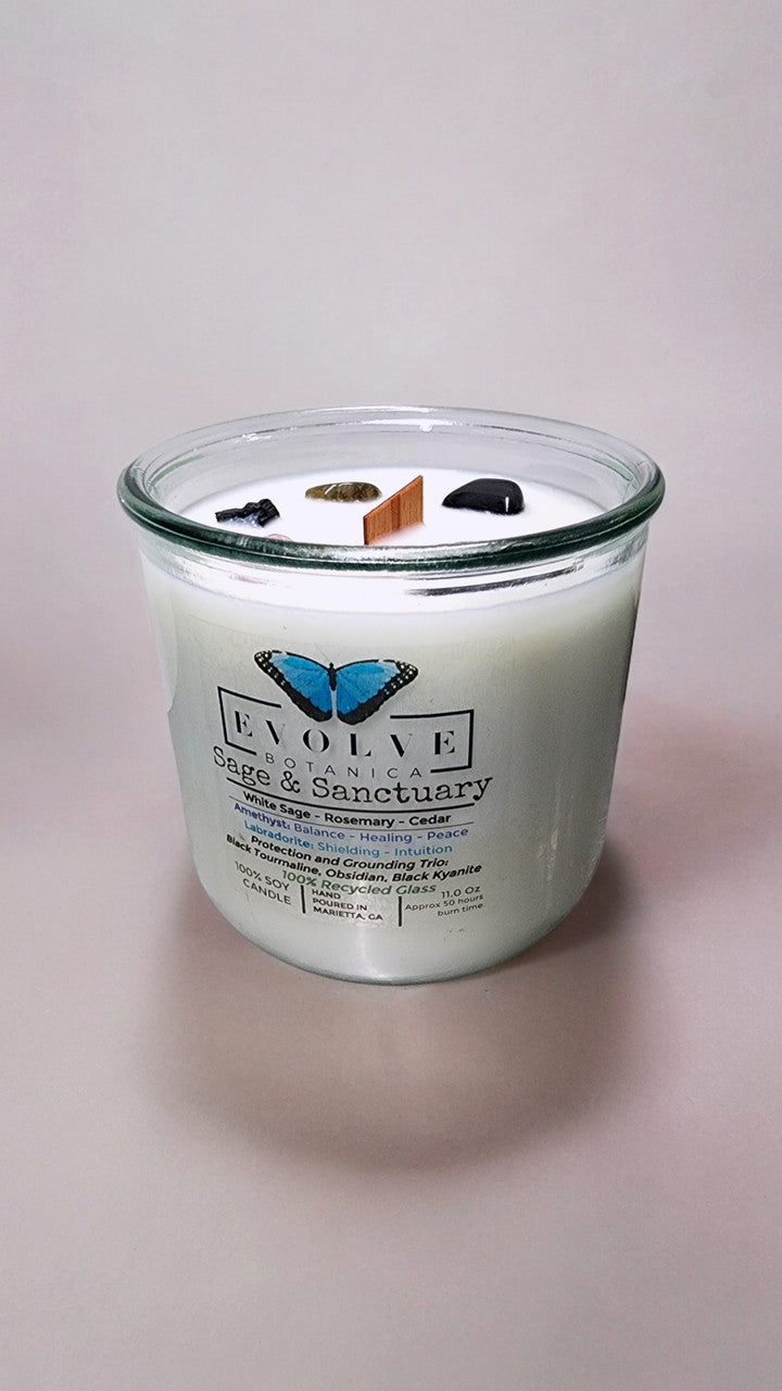 Rocks Candle - Sage & Sanctuary (Black Kyanite, Black Tourmaline, Obsidian, Amethyst, Labradorite) from Evolve Botanica