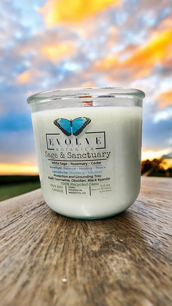 Rocks Candle - Sage & Sanctuary (Black Kyanite, Black Tourmaline, Obsidian, Amethyst, Labradorite) from Evolve Botanica