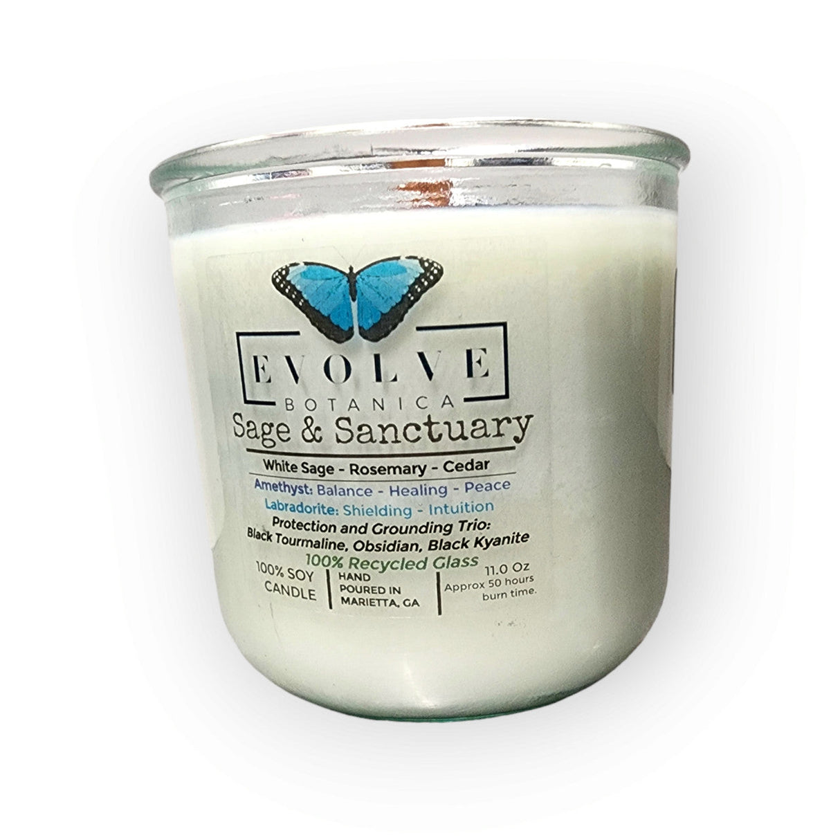 Rocks Candle - Sage & Sanctuary (Black Kyanite, Black Tourmaline, Obsidian, Amethyst, Labradorite) from Evolve Botanica