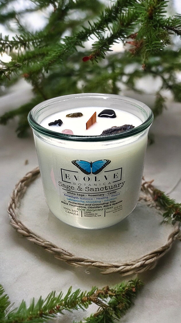 Rocks Candle - Sage & Sanctuary (Black Kyanite, Black Tourmaline, Obsidian, Amethyst, Labradorite) from Evolve Botanica