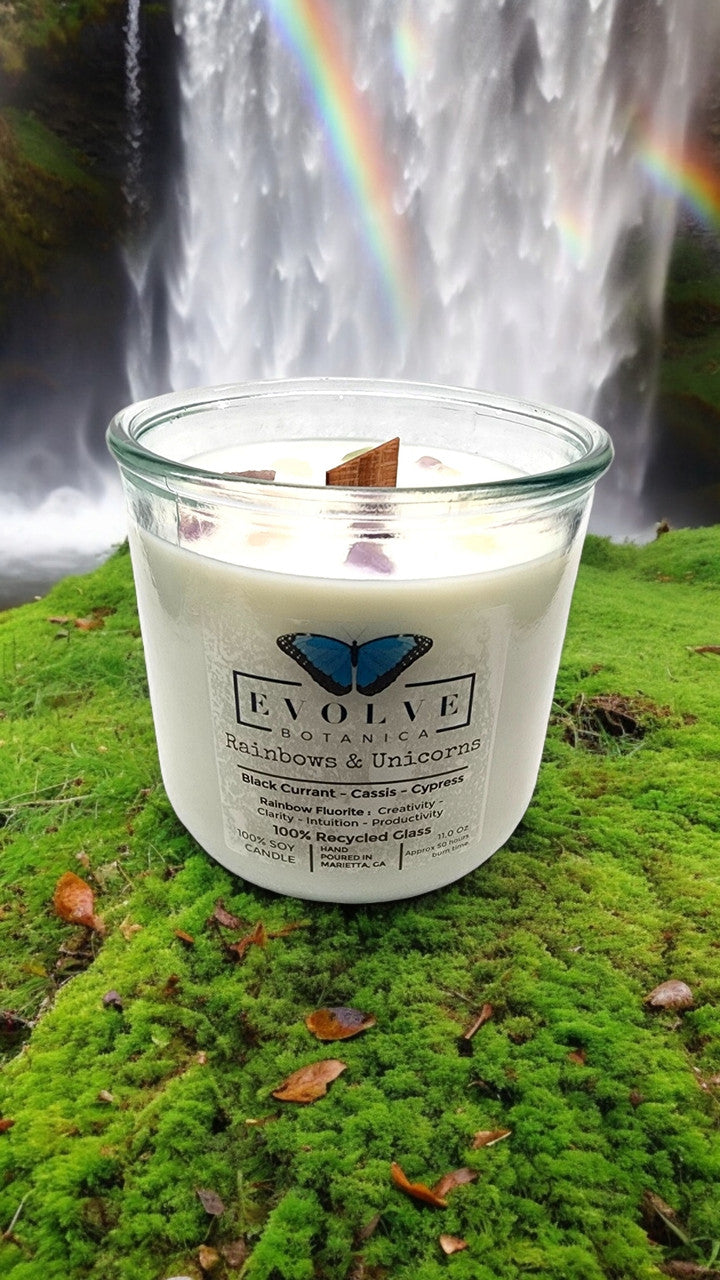 Rocks Candle - Rainbows & Unicorns (Wood Wick Rainbow Fluorite Gemstone Soy Candle) from Evolve Botanica