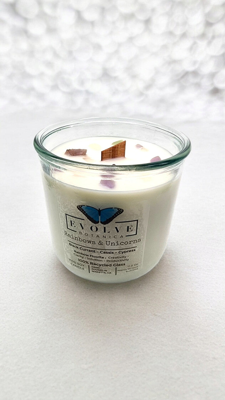 Rocks Candle - Rainbows & Unicorns (Wood Wick Rainbow Fluorite Gemstone Soy Candle) from Evolve Botanica