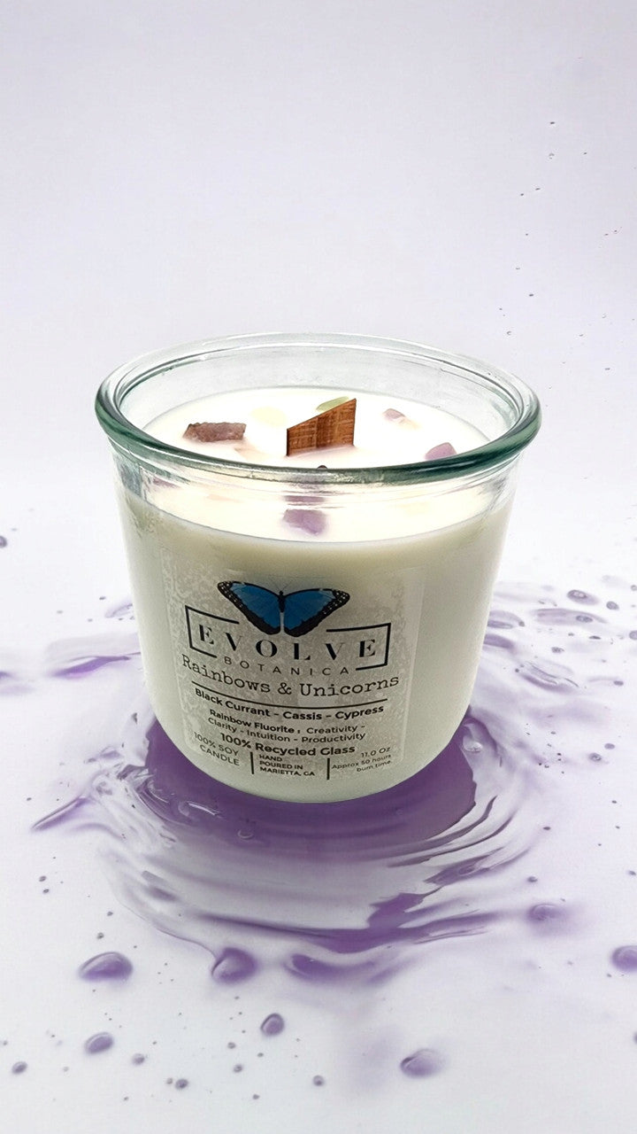 Rocks Candle - Rainbows & Unicorns (Wood Wick Rainbow Fluorite Gemstone Soy Candle) from Evolve Botanica