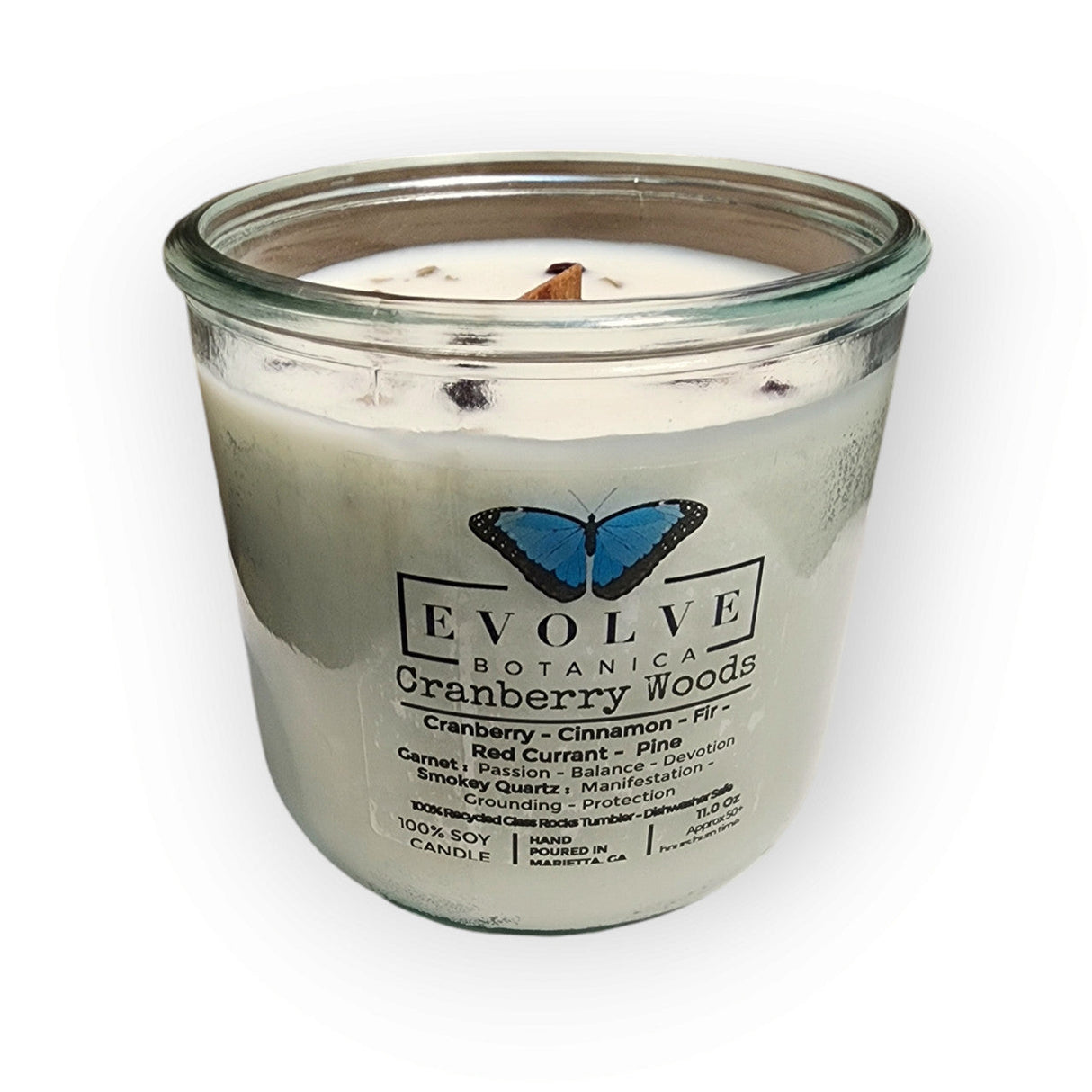 Rocks Candle - Cranberry Woods (Wood Wick Garnet & Smokey Quartz Gemstone Soy Candle) from Evolve Botanica