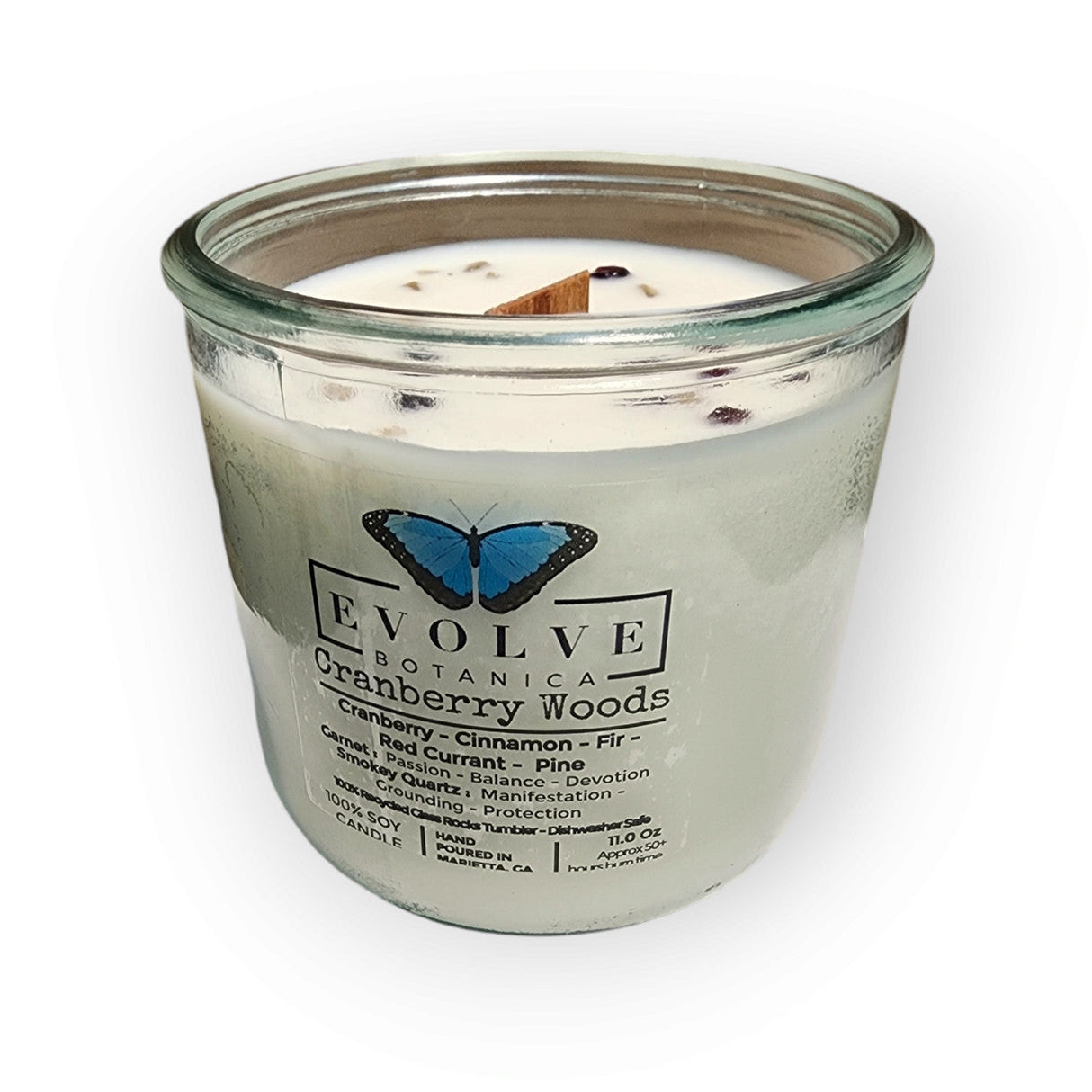 Rocks Candle - Cranberry Woods (Wood Wick Garnet & Smokey Quartz Gemstone Soy Candle) from Evolve Botanica