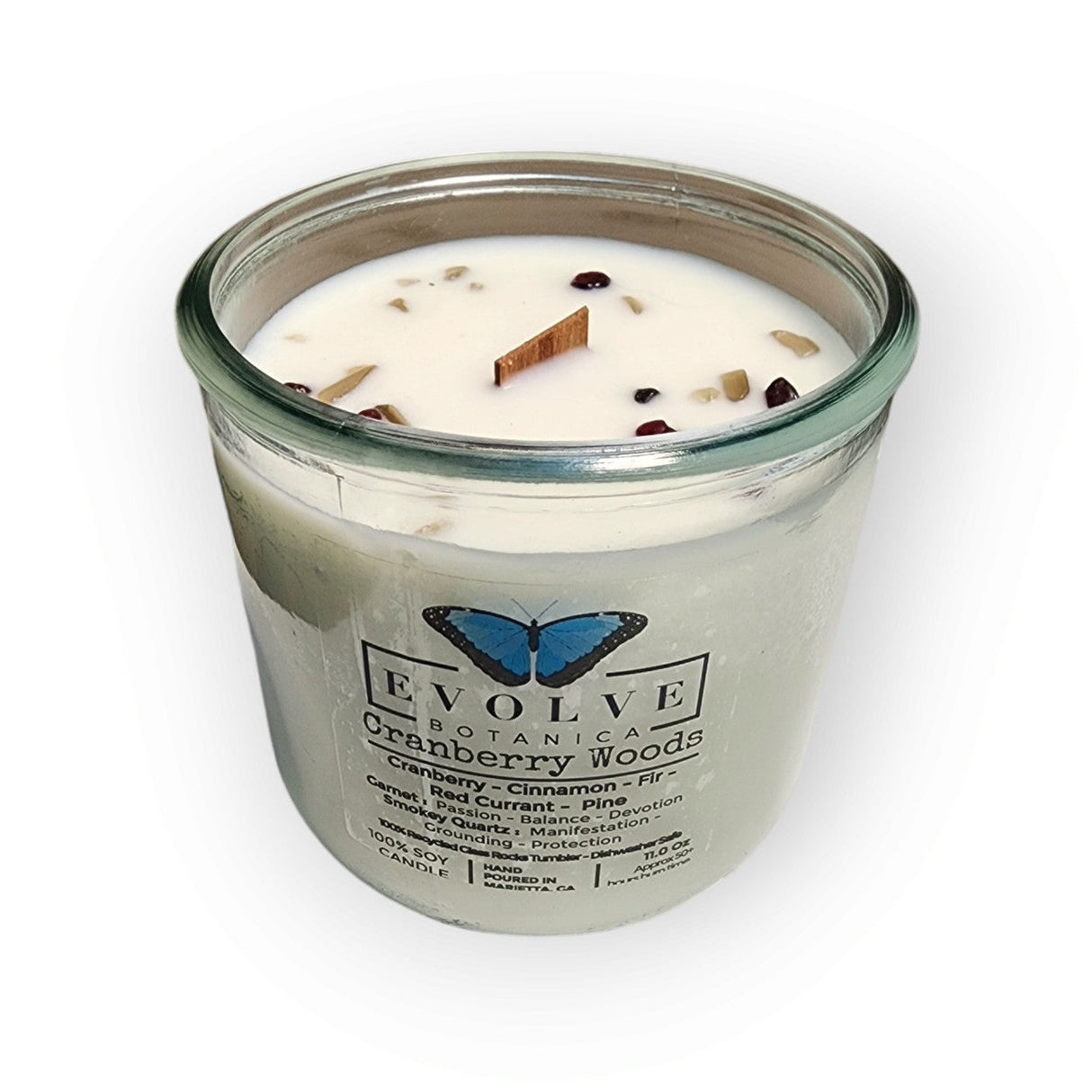 Rocks Candle - Cranberry Woods (Wood Wick Garnet & Smokey Quartz Gemstone Soy Candle) from Evolve Botanica